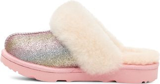 Pink slipper with glitter and cream-colored fur.