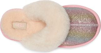 Glittery pink slipper with a fluffy white lining.