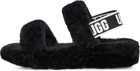 Black furry slide sandal with logo band.