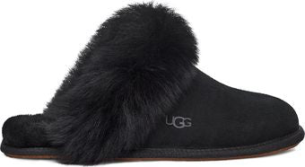 Black slipper with fur trim and the word UGG on the side.
