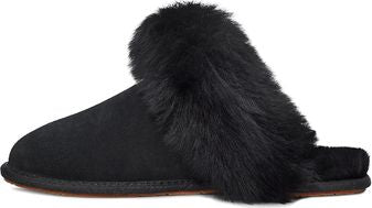 Black slip-on slipper with fur trim.