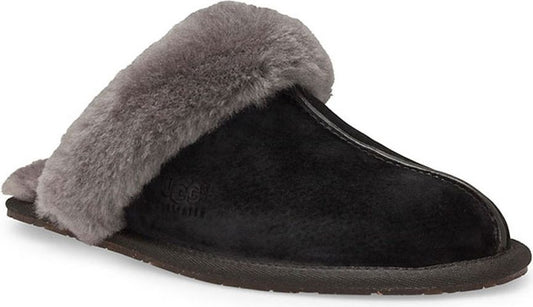 Black slipper with gray faux fur trim.