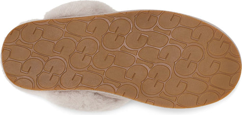 Sole of a furry slipper with a pattern of interlocking letter Cs.
