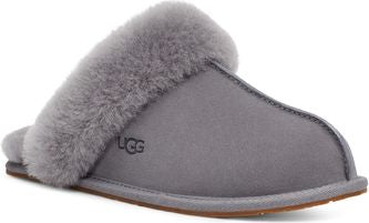 Gray slipper with fur lining and logo.