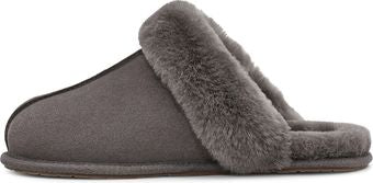 Gray slipper with fur trim.