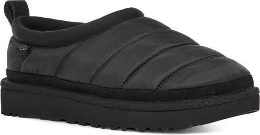 Black slip-on shoe with a padded upper and a thick platform sole.