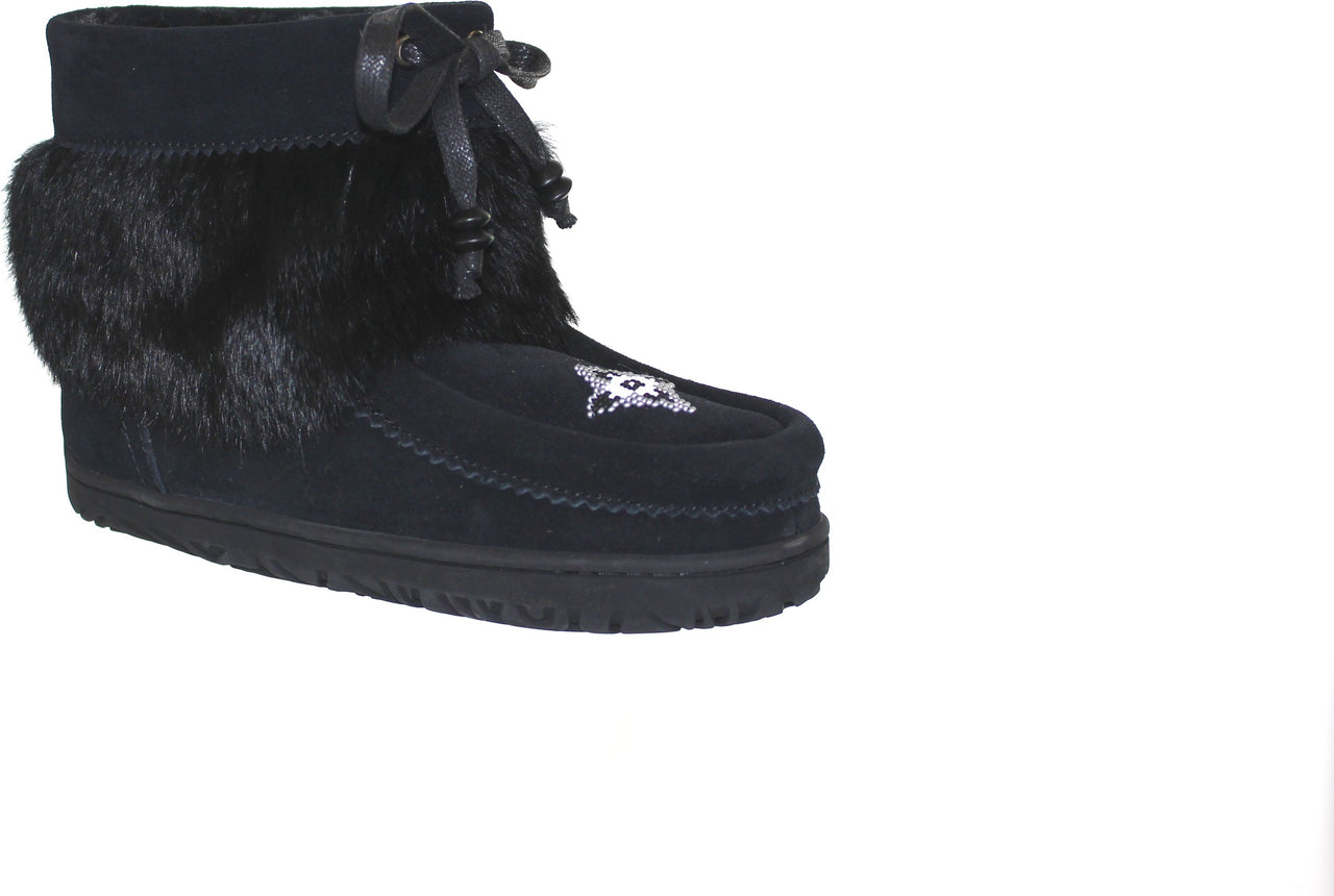 Black suede moccasin boot with fur trim and lace-up closure.