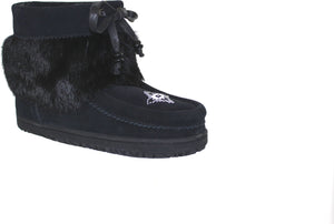 Black suede moccasin boot with fur trim and lace-up closure.
