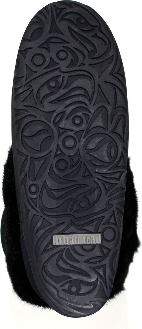 The sole of a black slipper with a textured, patterned tread.