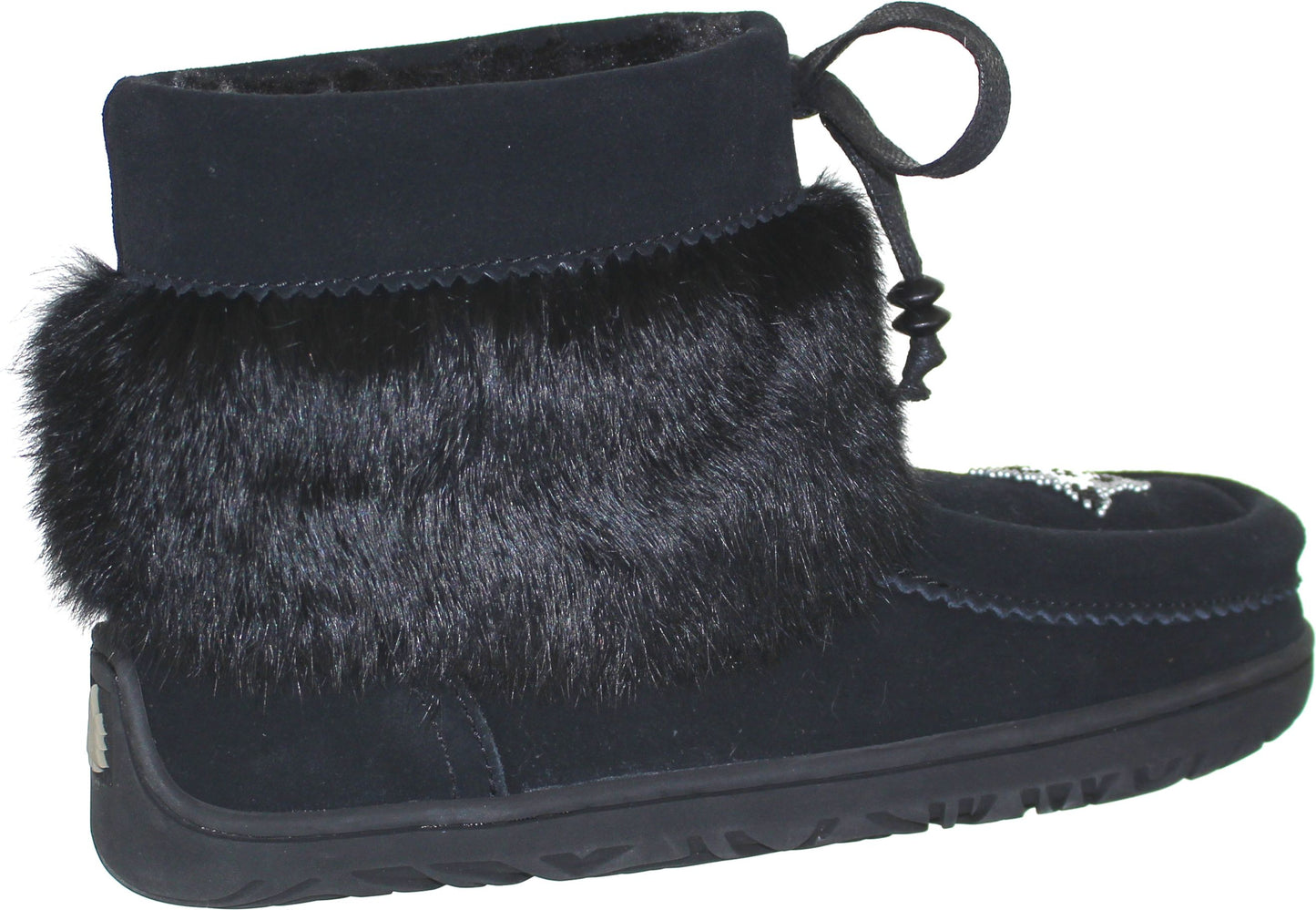 Black suede boot with black faux fur trim and a lace up closure.