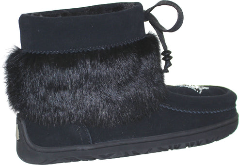 Black suede boot with black faux fur trim and a lace up closure.