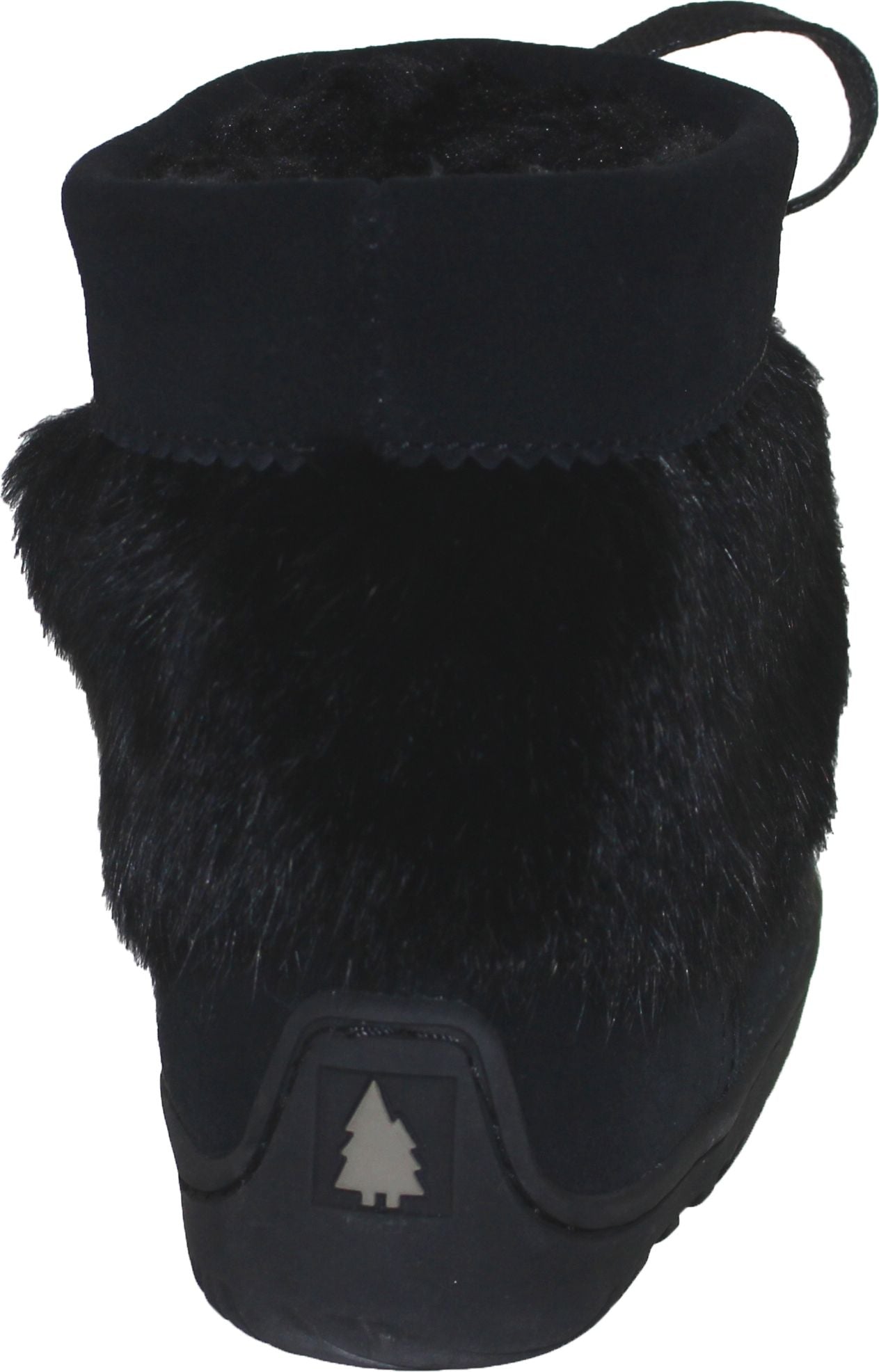 Black slipper boot with fur trim and tree logo on heel.