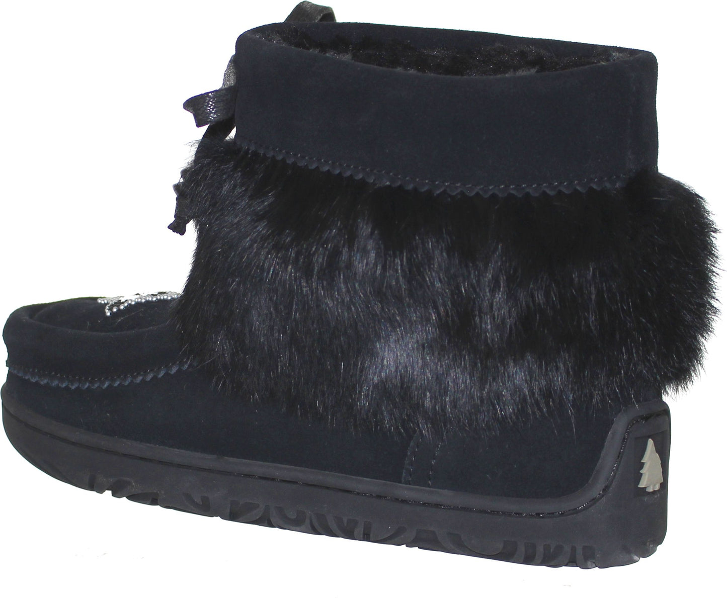 Black suede short boot with fur collar and decorative bow.