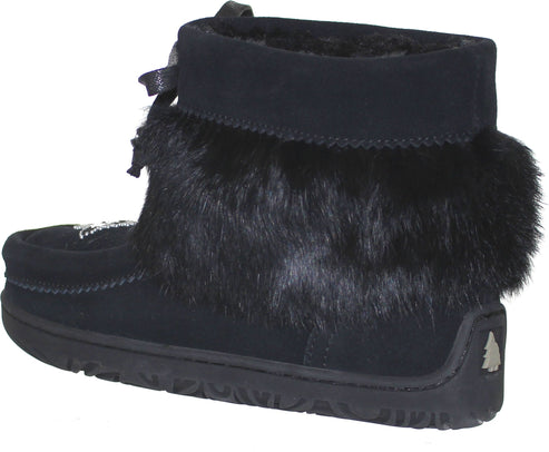 Black suede short boot with fur collar and decorative bow.