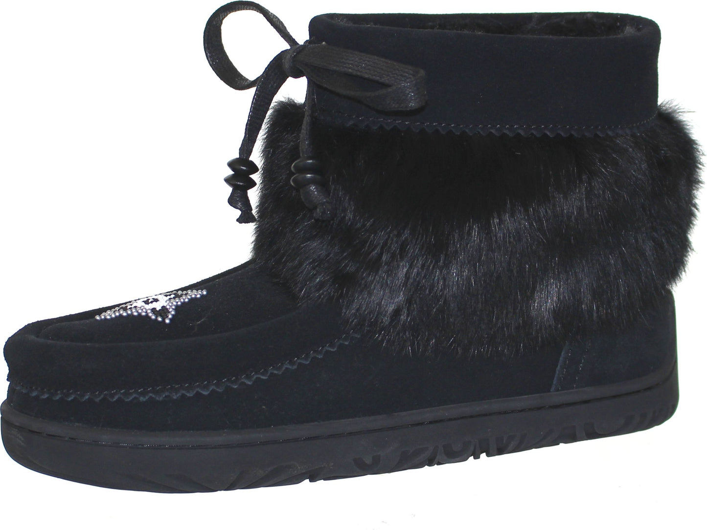 Black moccasin-style boot with fur trim and tied laces.