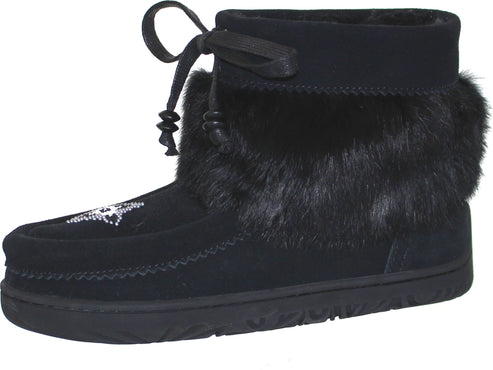 Black moccasin-style boot with fur trim and tied laces.