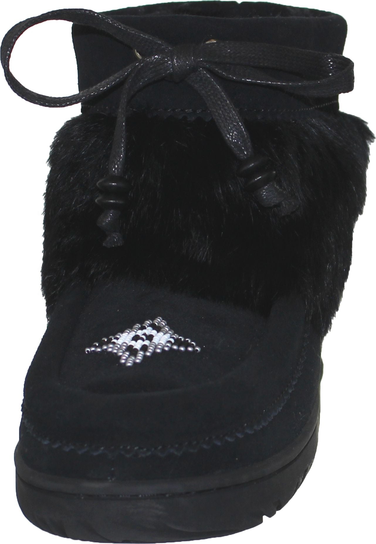 Black suede ankle boot with faux fur trim and tie closure.