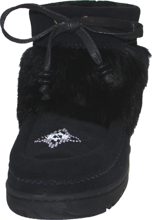 Black suede ankle boot with faux fur trim and tie closure.