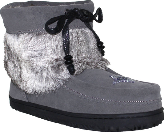 Grey suede boot with faux fur trim, black sole, and beaded star detail.