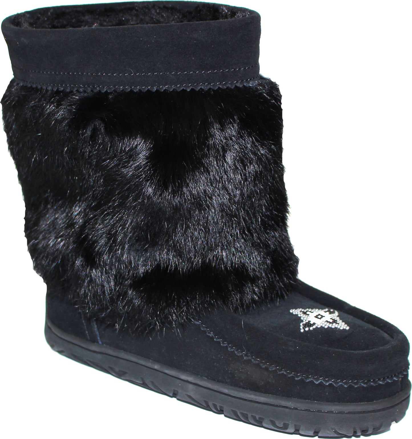 Black suede moccasin boot with rabbit fur cuff and decorative beadwork.