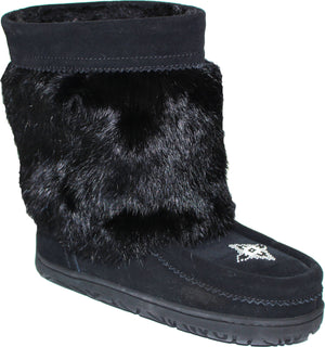 Black suede moccasin boot with rabbit fur cuff and decorative beadwork.