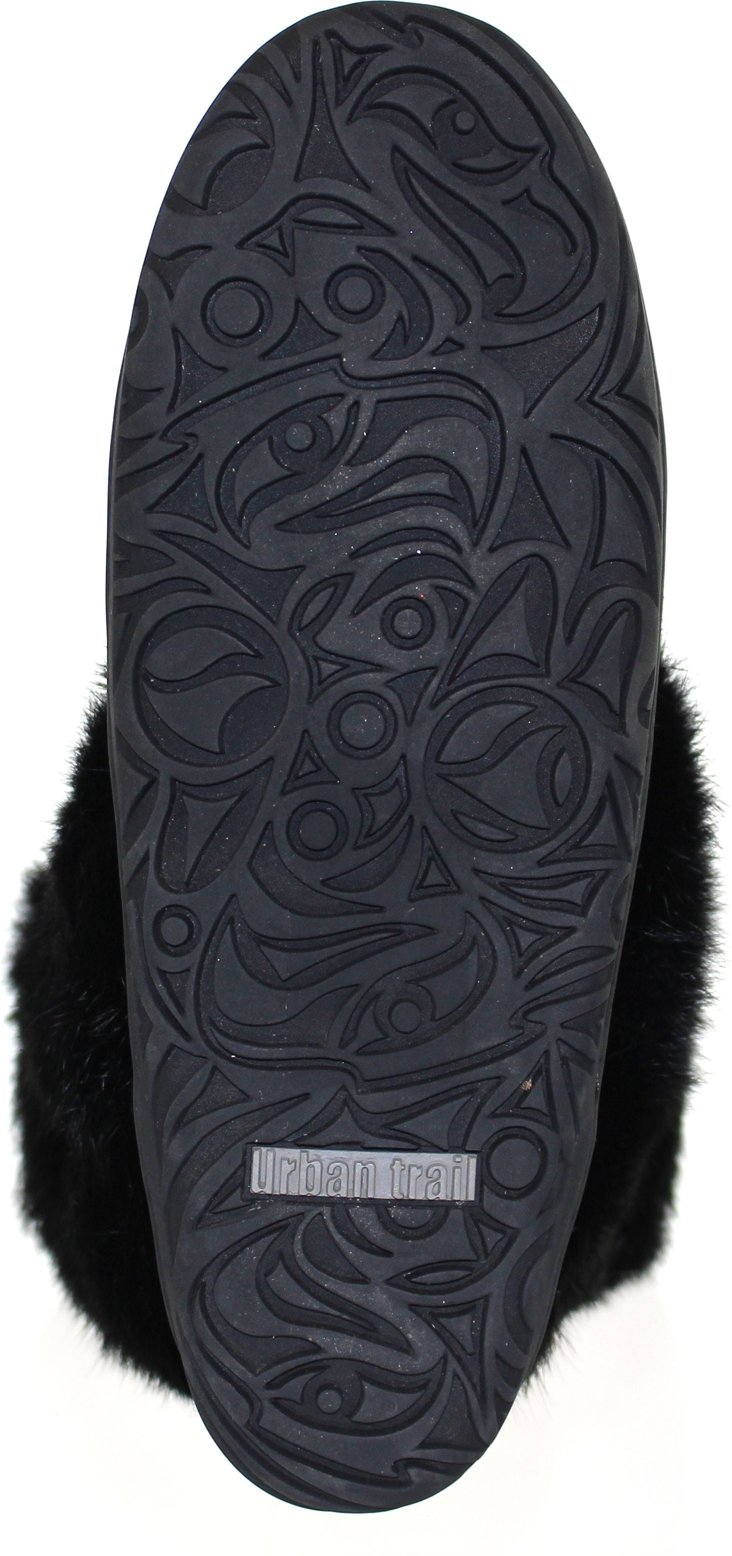 Bottom of a black slipper with black fur trim and patterned sole.