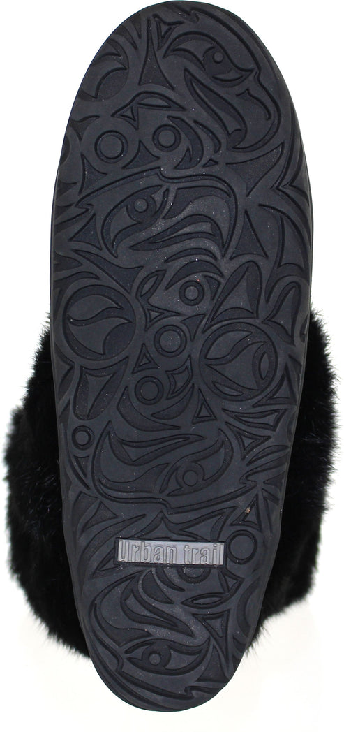 Bottom of a black slipper with black fur trim and patterned sole.