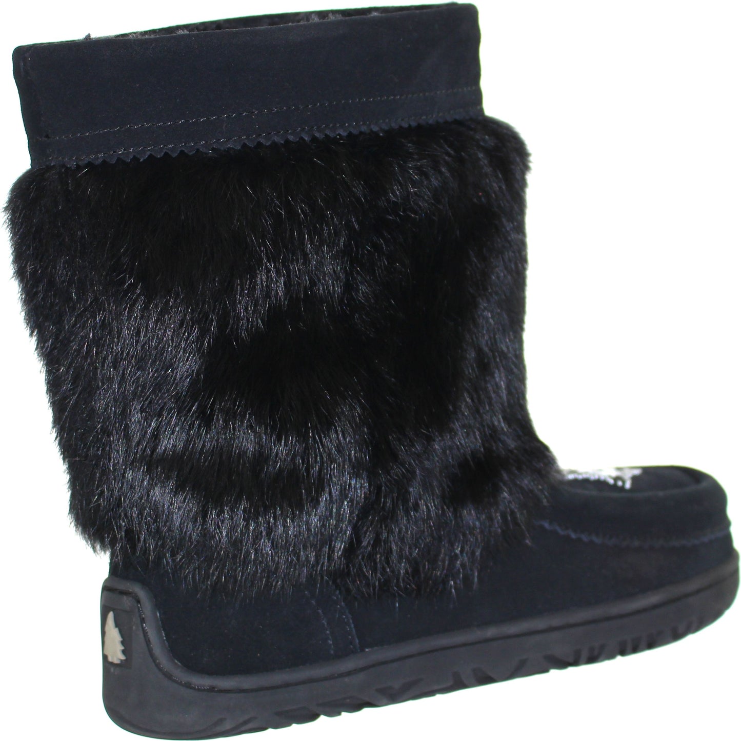 Ankle-high black boot with fur, folded top and decorative stitch pattern.
