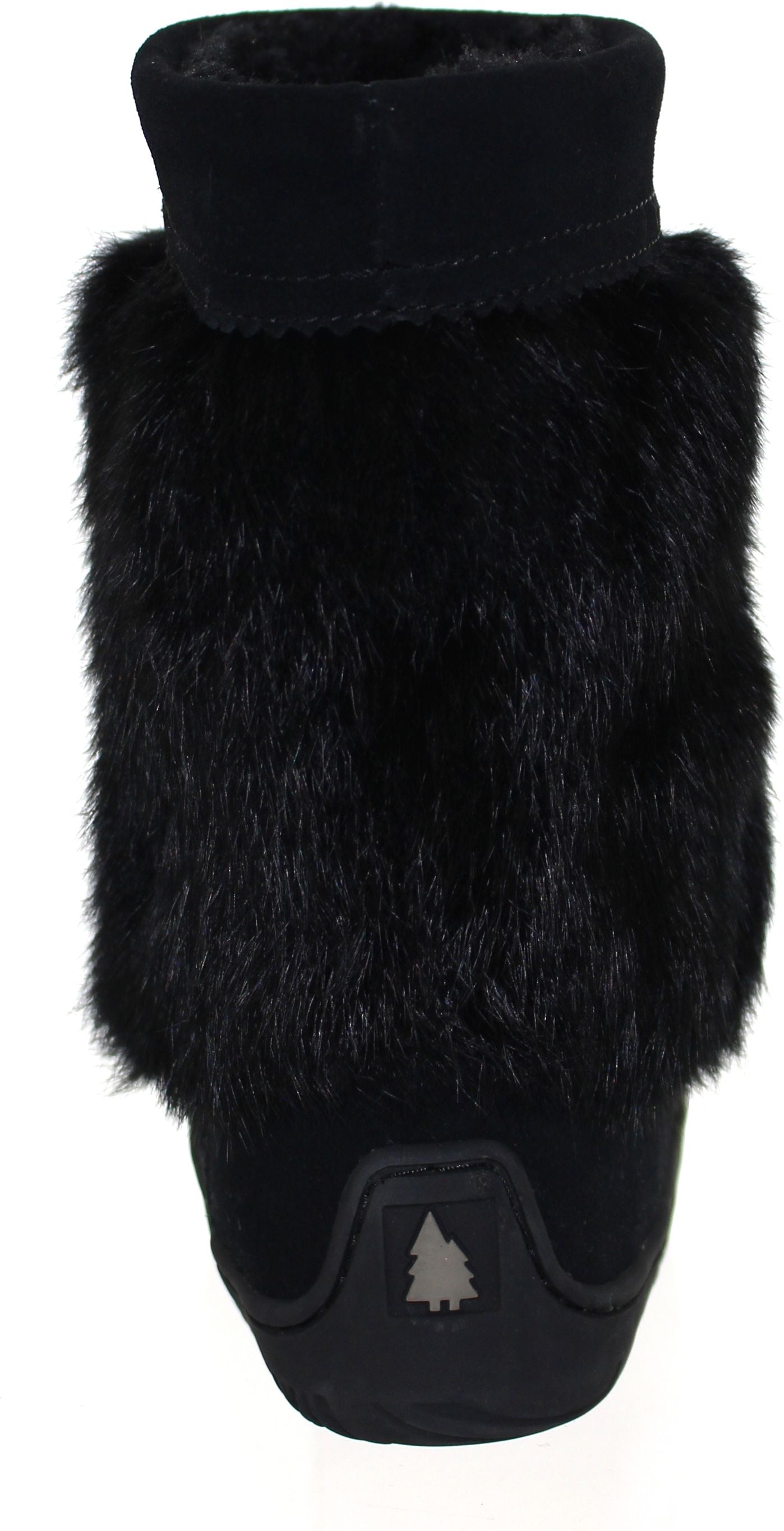 Black suede boot with fur trim and a black collar, showing the back with a black outsole with a gray tree logo.