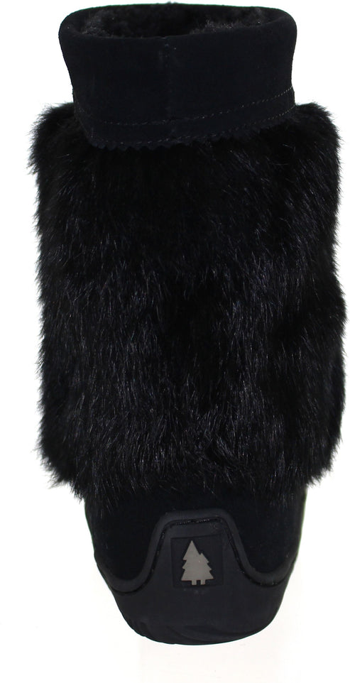 Black suede boot with fur trim and a black collar, showing the back with a black outsole with a gray tree logo.
