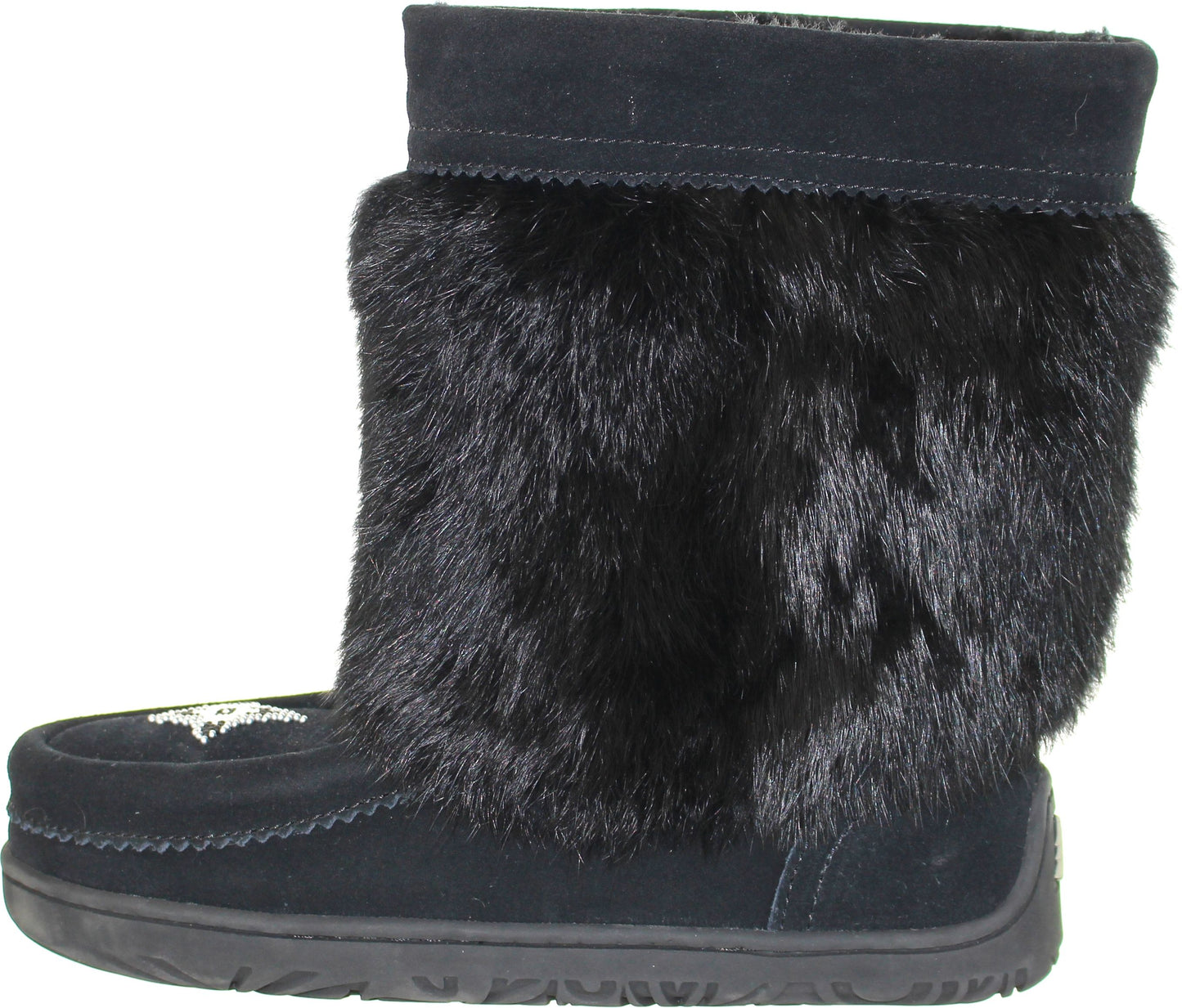 Black boot with fur trim and embellished side.