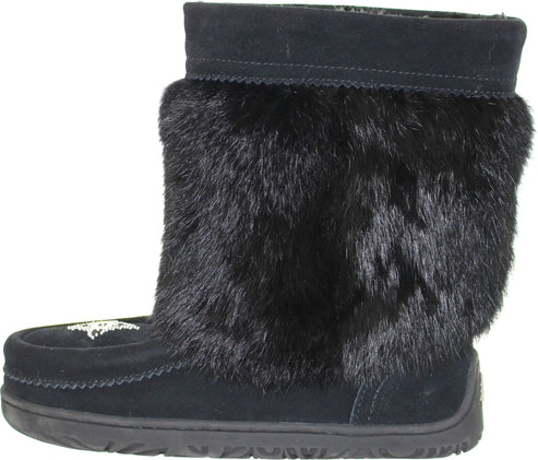 Black boot with fur trim and embellished side.