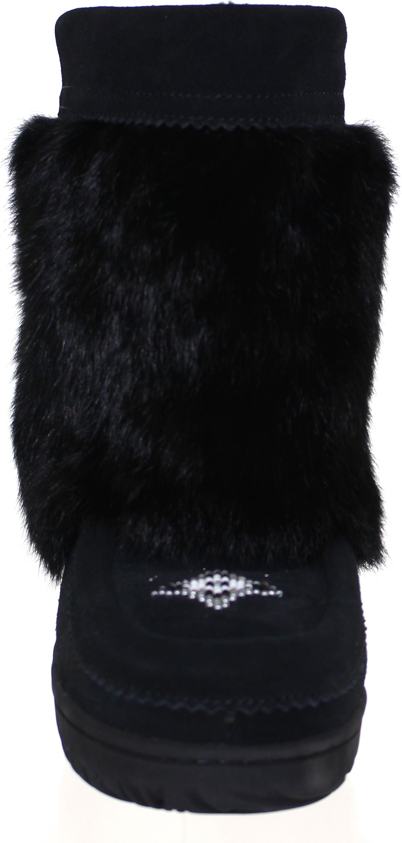 A black boot with fur trim and decorative accents.
