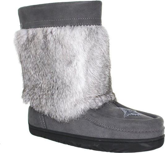 Gray suede boot with rabbit fur trim and dark sole.