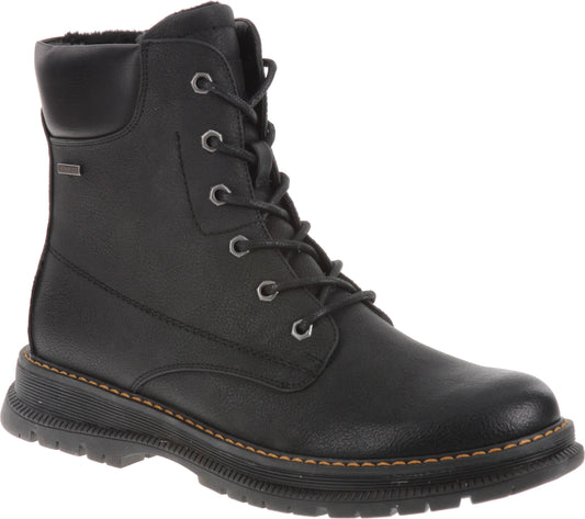 Black leather ankle boot with lace-up closure and a thick, treaded sole.