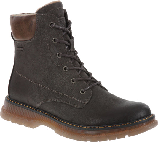 Grey lace-up boot with brown cuff and translucent sole.