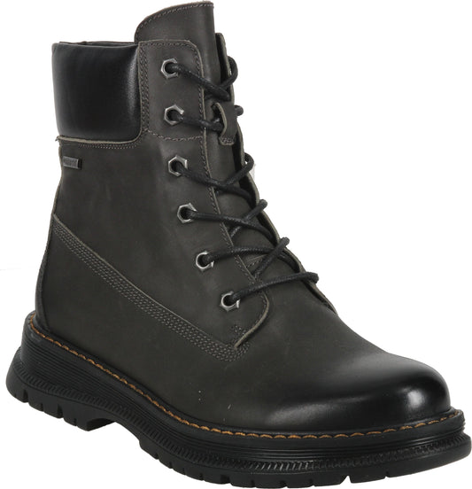 Dark gray, leather, waterproof hiking boot with black laces and black trim.