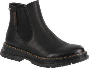 Black leather Chelsea boot with lug sole.