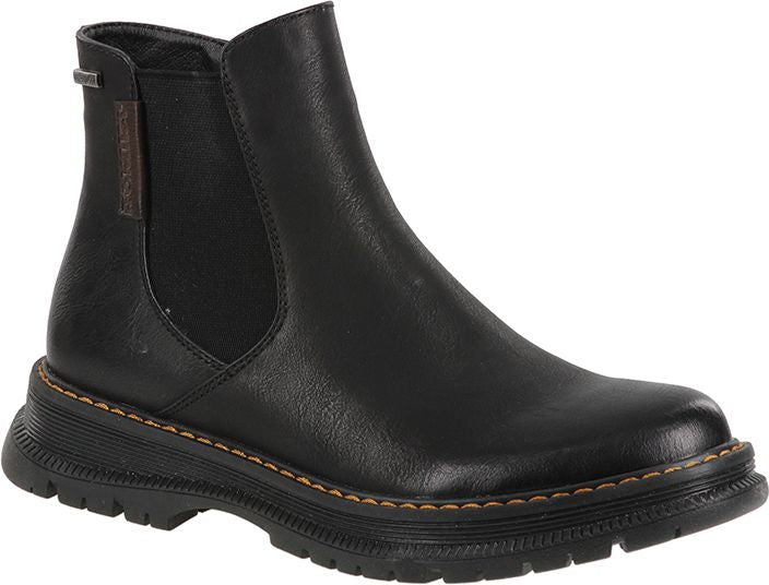 Black leather Chelsea boot with lug sole.
