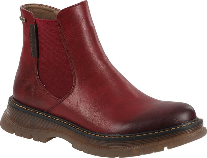 Red Chelsea boot with an elastic ankle and lug sole.