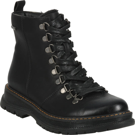 Black ankle boot with metallic eyelets and thick lug sole.