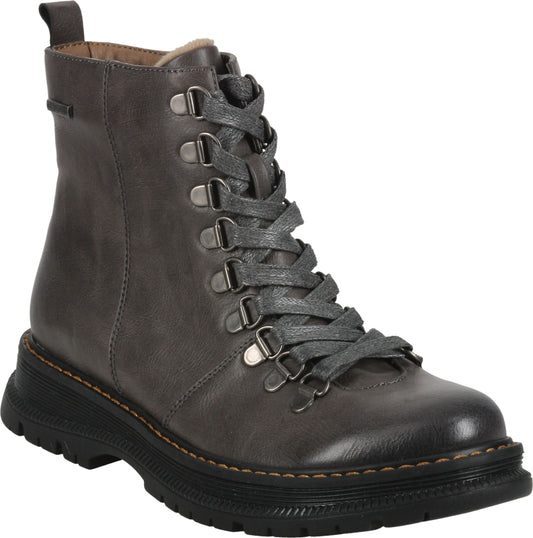 Gray lace-up ankle boot with faux fur lining.