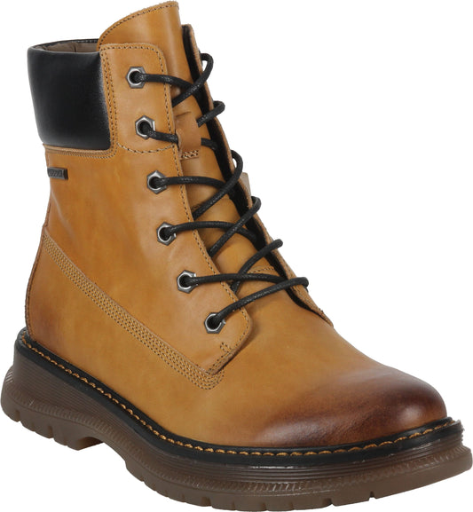 Tan leather ankle boot with black laces, a black padded collar, and a brown sole.
