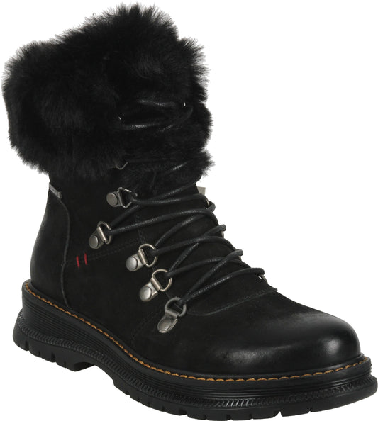 Black ankle boot with faux fur trim and lace-up closure.