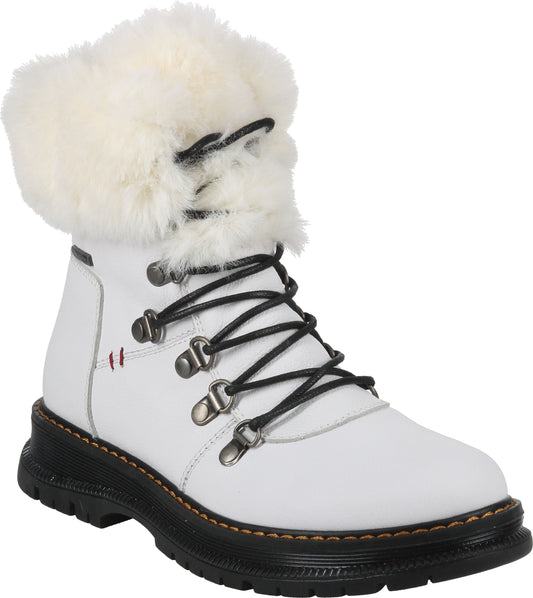 White lace-up leather ankle boot with shearling trim and black lug sole.