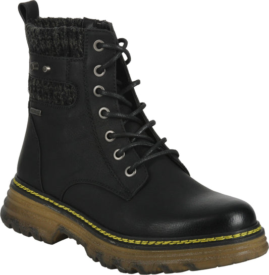 Black lace-up combat boot with brown sole and knit cuff.