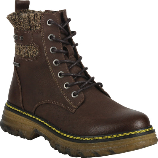 Brown lace-up ankle boot with a knit collar and yellow stitching.