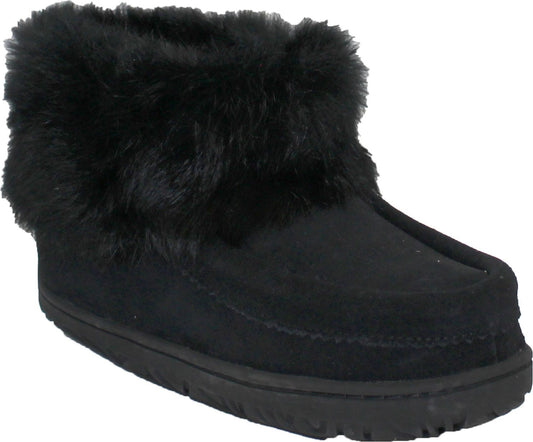 Black slipper bootie with fur trim.