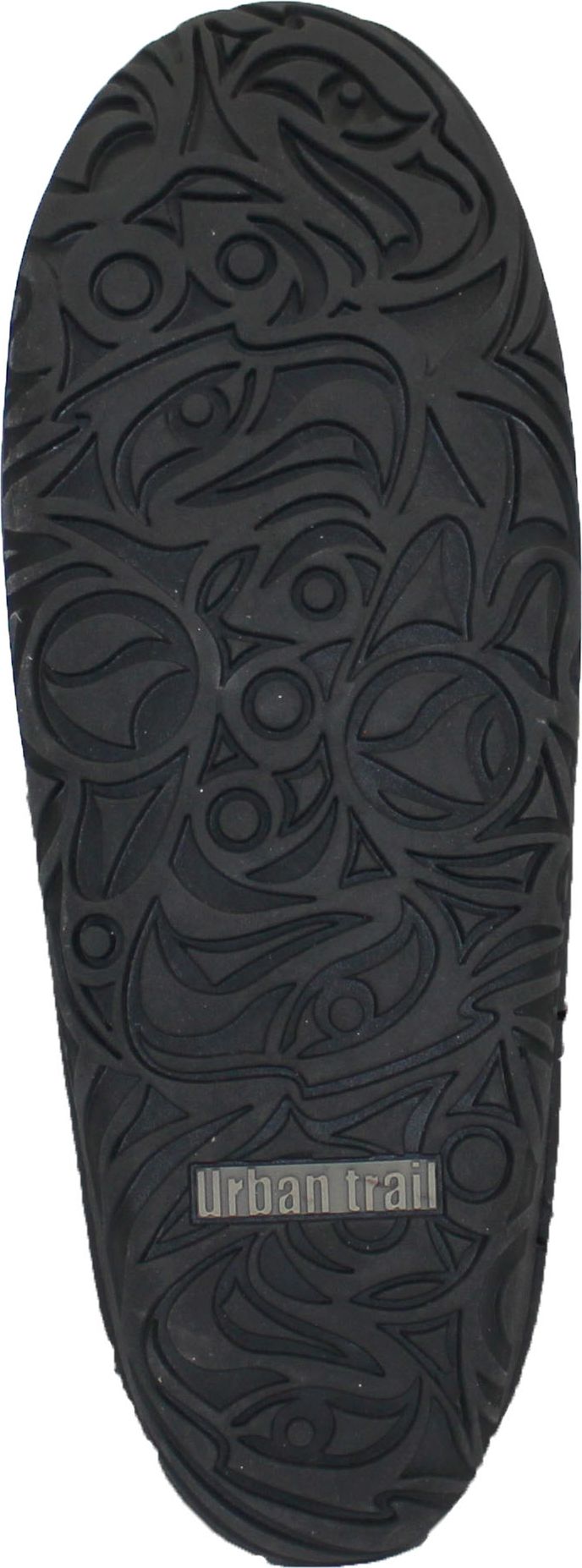 Black shoe sole with unique pattern and a logo that says "Urban Trail".