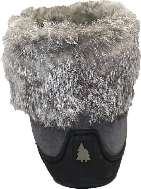 Gray boot with fur trim and small Christmas tree emblem.